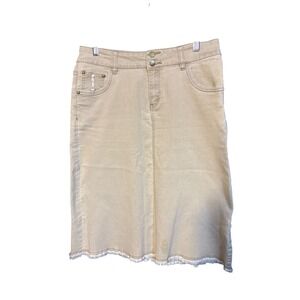 Style J Women's Khaki Denim Midi Skirt Distressed Frayed Hem Size 32
